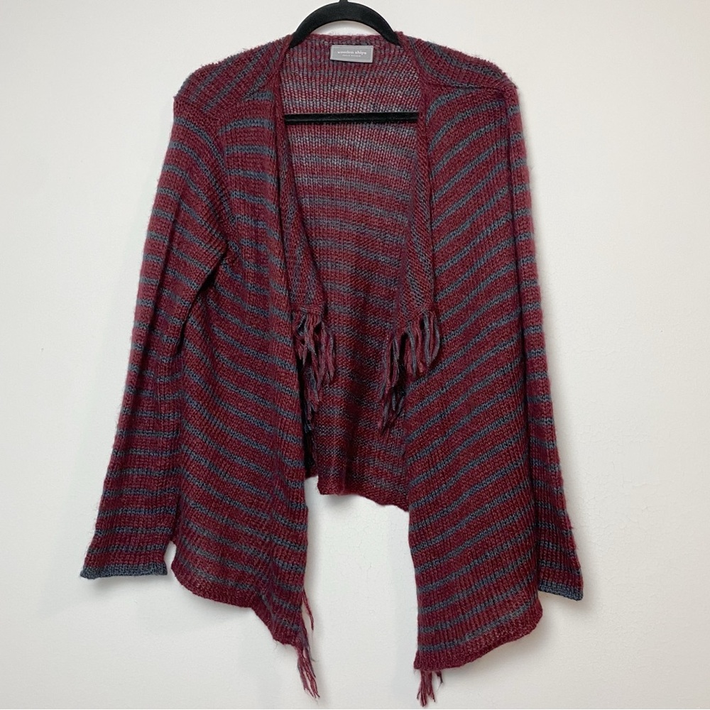 Wooden Ships Tassel Fringe Trim Stripe Knit Cardigan